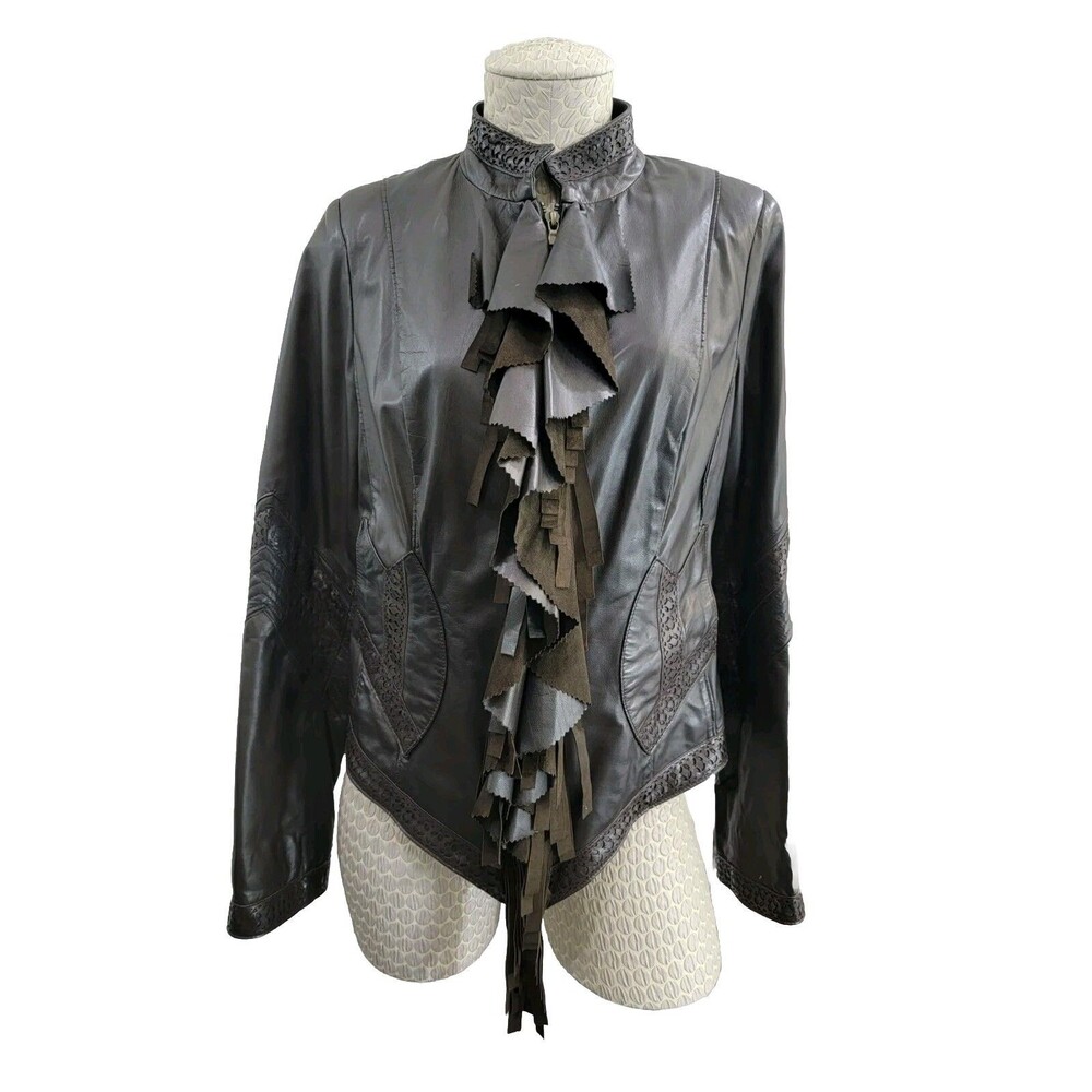 Pasha Veneto Ruffle Fringe Brown Leather Jacket Designer Coat Women's Medium EUC